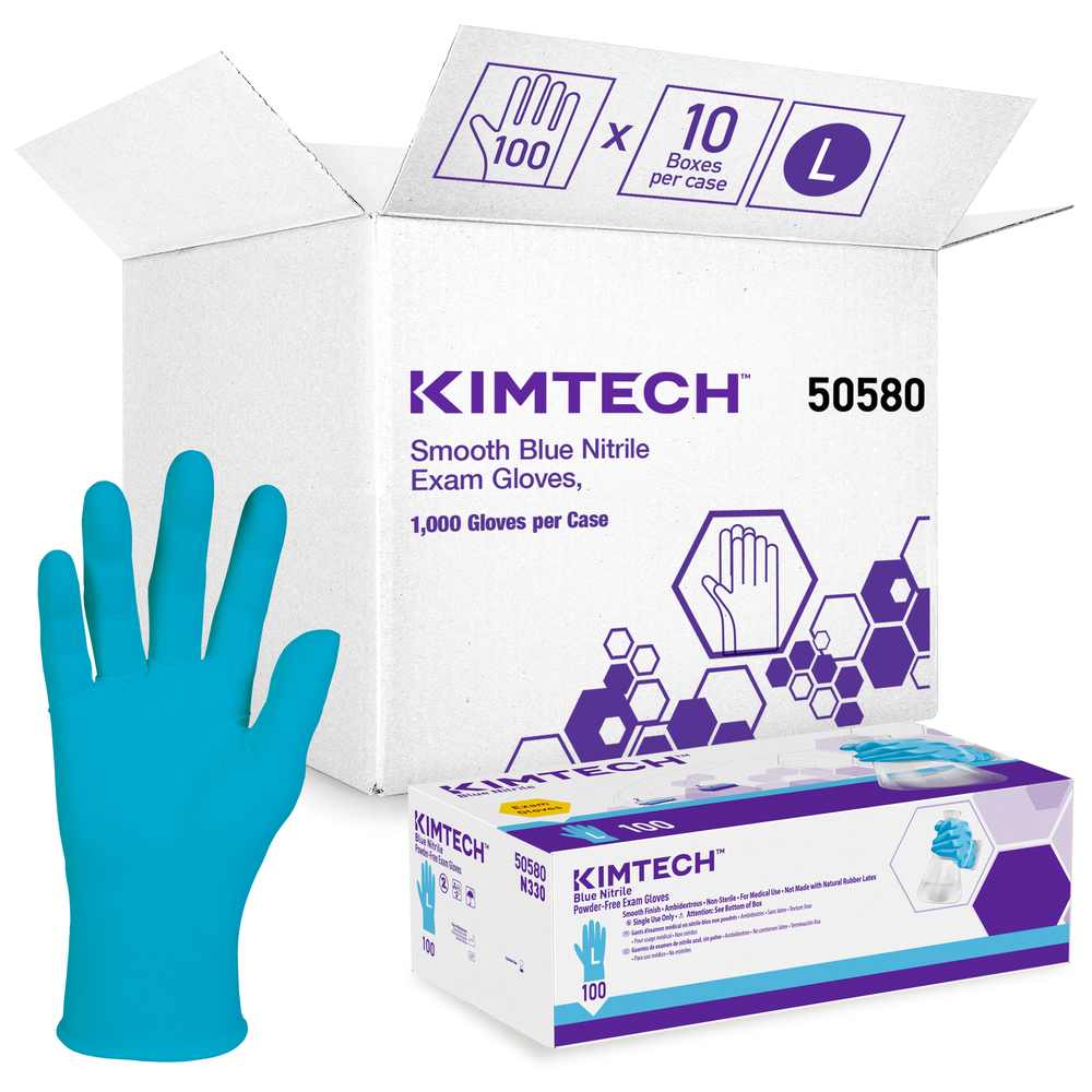 Gants d’examen en nitrile bleu lisse de Kimberly-Clark (50580), 6 mil, ambidextres, 9,5 po, grands, 100/boîte, 10 boîtes, 1 000 gants/caisse - 50580