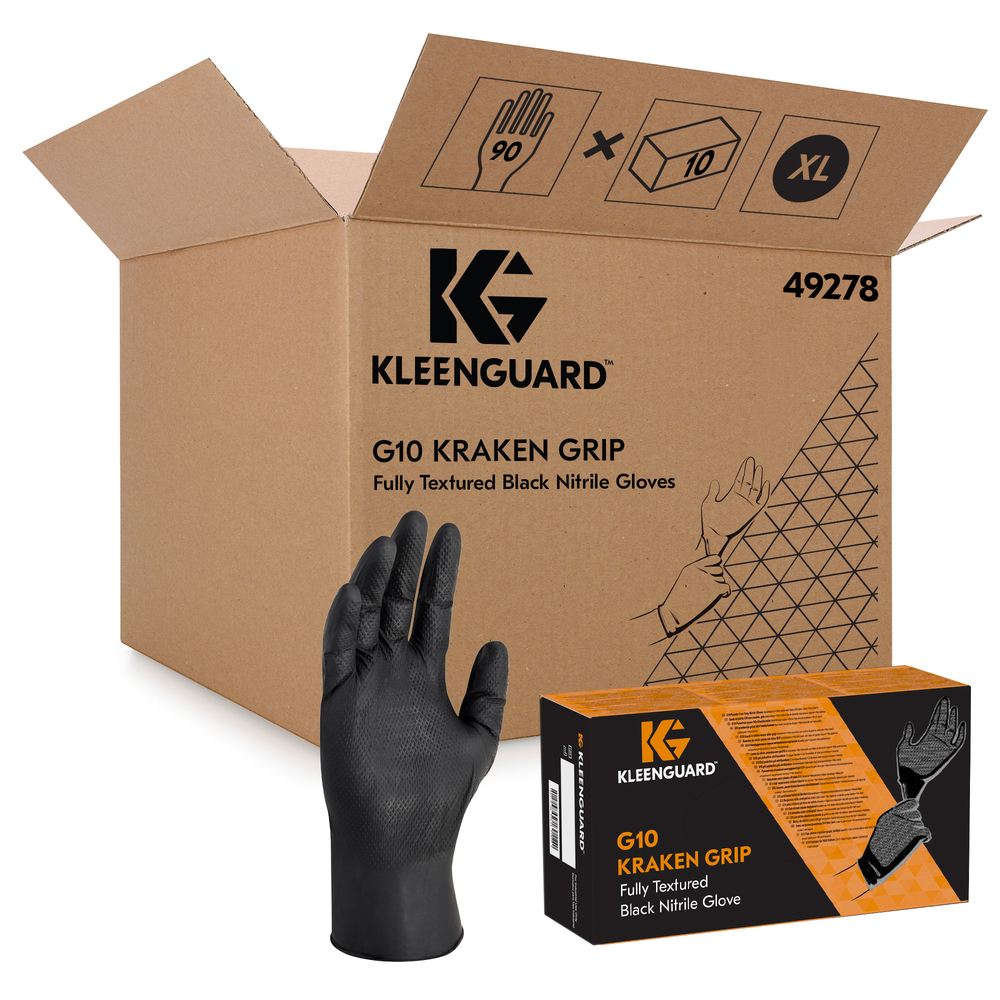 Gants en nitrile noir pleinement texturés Kleenguard Kraken Grip (49275), très grands (TG), non poudrés, 6 mil, ambidextres, fins (mil), 90 gants/boîte, 10 boîtes/caisse - 49278