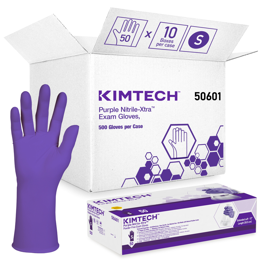 Kimtech™ Purple Nitrile-Xtra™ Exam Gloves (50601), 5.9 Mil, Ambidextrous, 12”, Small, 50 Nitrile Gloves / Box, 10 Boxes / Case, 500 / Case - 50601