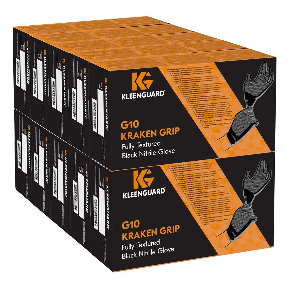 Gants en nitrile noir pleinement texturés Kleenguard Kraken Grip (49275), grands (G), non poudrés, 6 mil, ambidextres, fins (mil), 100 gants/boîte, 10 boîtes/caisse - 49277
