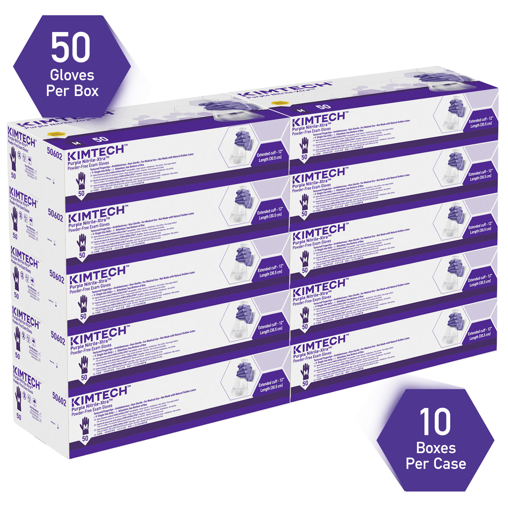 Kimtech™ Purple Nitrile-Xtra™ Exam Gloves (50602), 5.9 Mil, Ambidextrous, 12”, Medium, 50 Nitrile Gloves / Box, 10 Boxes / Case, 500 / Case - 50602