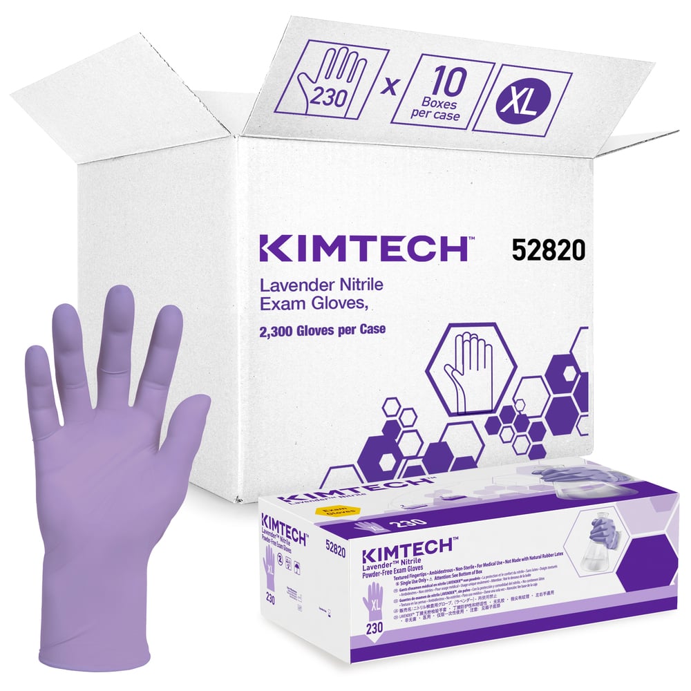 Gants d’examen en nitrile lavande de Kimberly-Clark (52820), fins (mil), 2,8 mil, ambidextres, 9,5 po, TG, 230/boîte, 10 boîtes, 2 300 gants/caisse - 52820