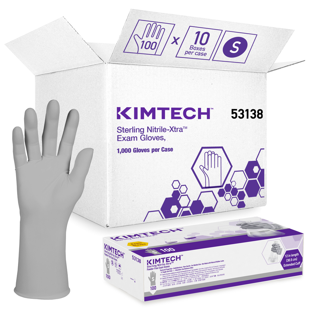Gants d’examen en Nitrile-Xtra Kimberly-Clark Sterling (53138), 3,5 mil, 12 po, ambidextres, petits, 100/distributrice, 10 distributrices, 1 000 gants gris/caisse - 53138