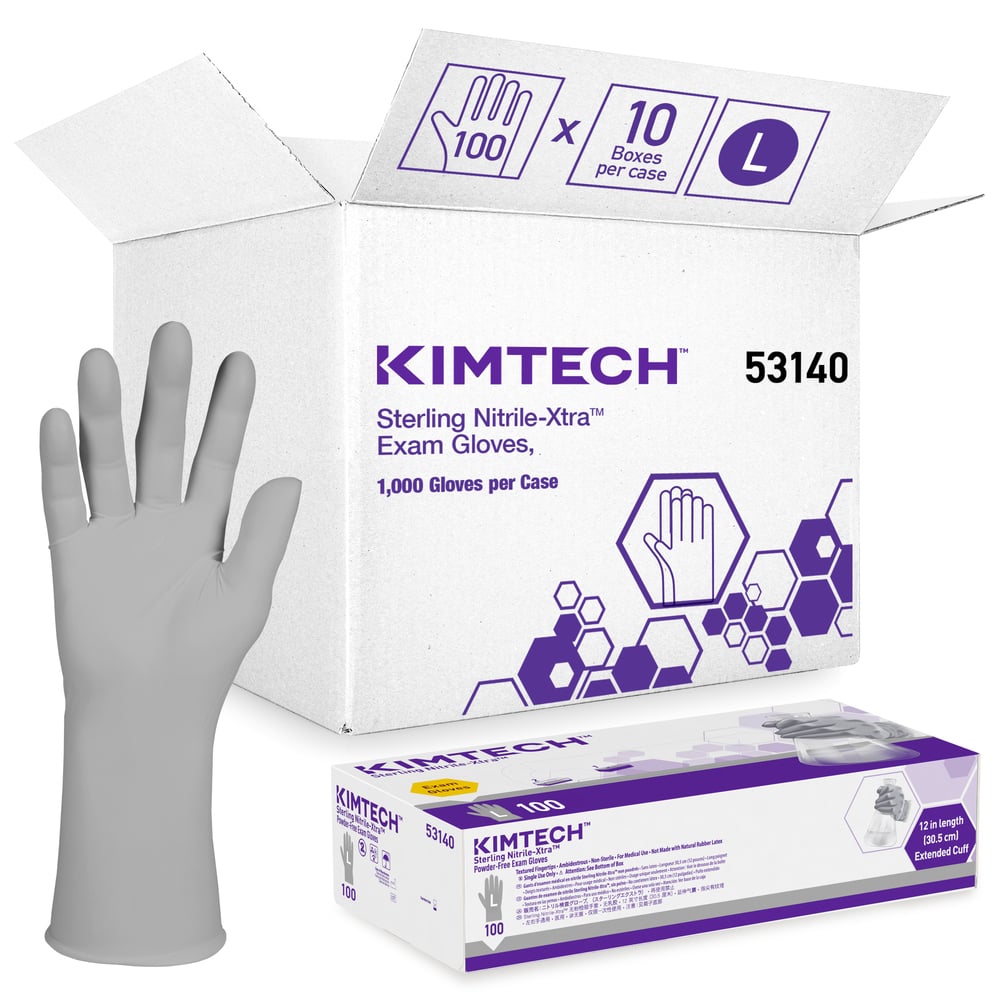 Gants d’examen en Nitrile-Xtra Kimberly-Clark Sterling (53140), 3,5 mil, 12 po, ambidextres, grands, 100/distributrice, 10 distributrices, 1 000 gants gris/caisse - 53140