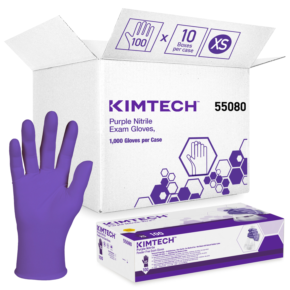 Kimtech™パープルNitrile™ 実験用手袋（55080）、5.9ミル、左右兼用、9.5インチ、XSサイズ、100組（ニトリル）/箱、10箱/ケース、1,000枚/ケース - 55080