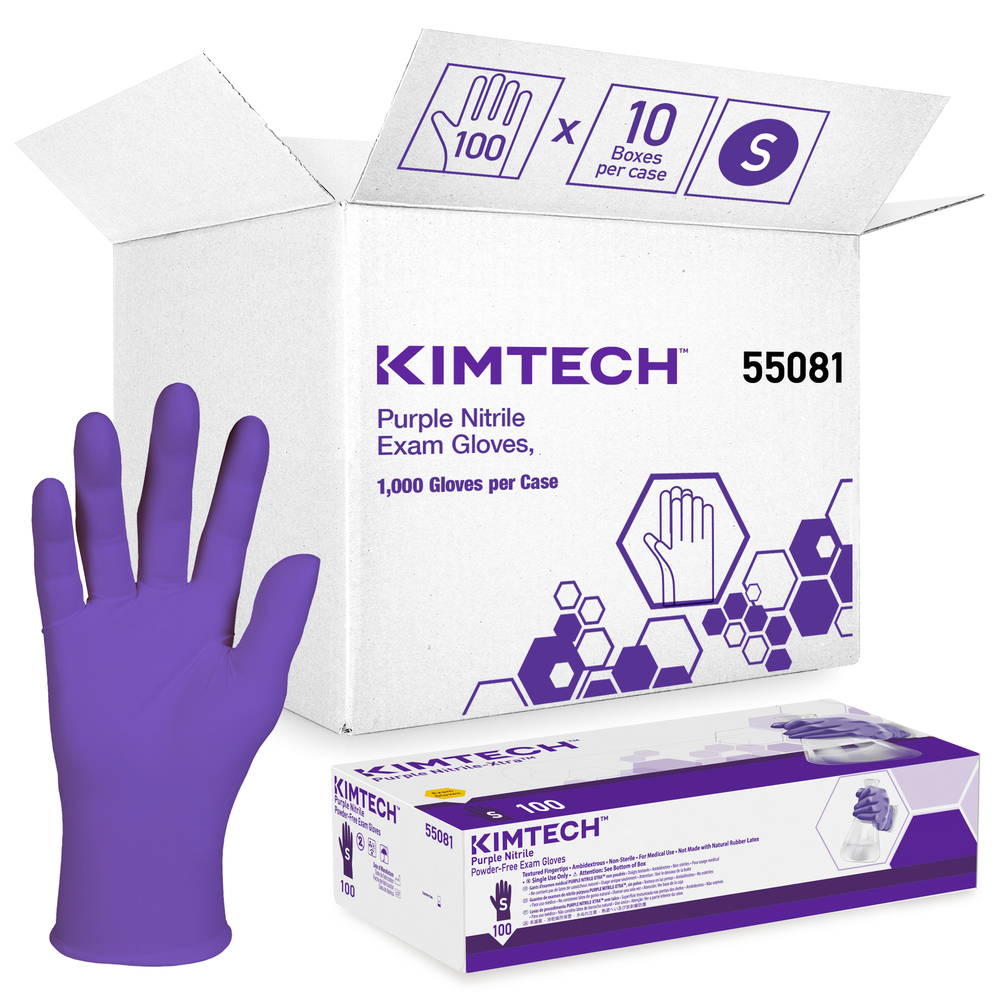 Gants d’examen Kimberly-Clark Purple Nitrile (55081), 5,9 mil, ambidextres, 9,5 po, petits, 100 gants en nitrile/boîte, 10 boîtes/caisse, 1 000 gants/caisse - 55081