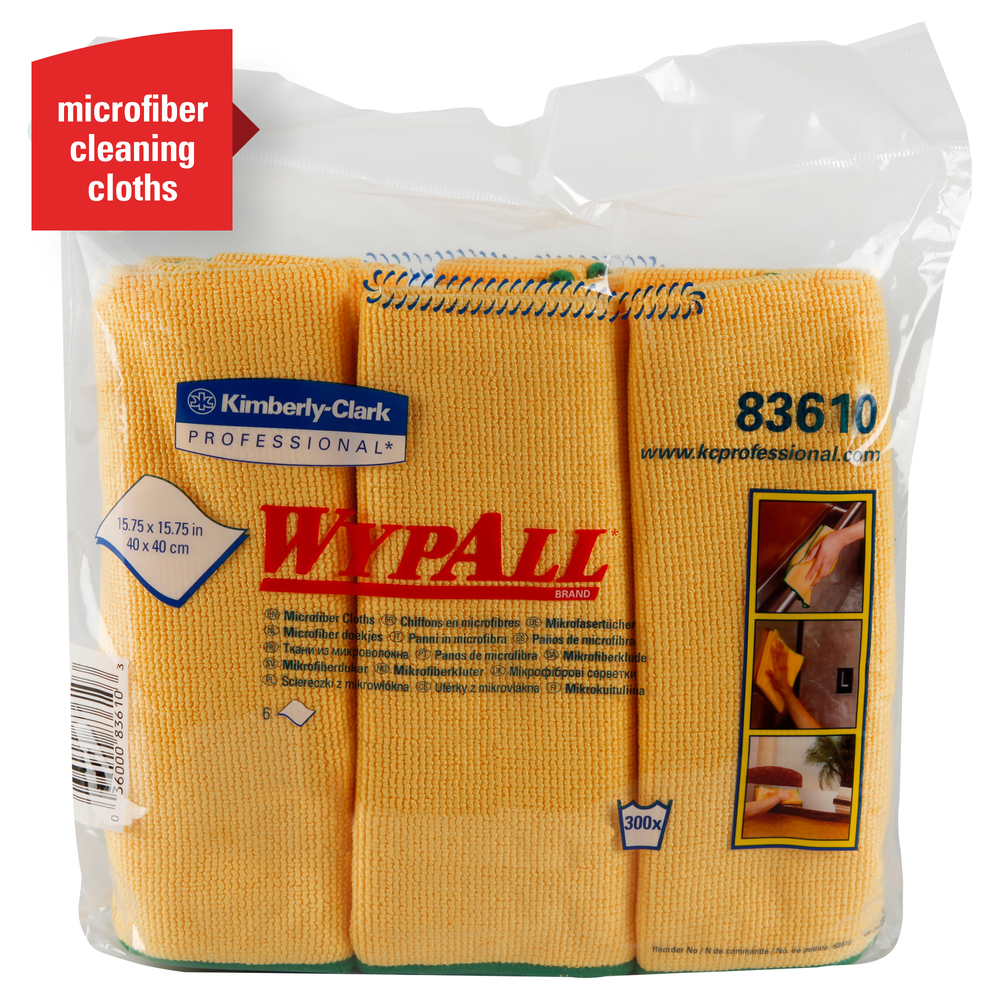 WypAll® Microfiber Cloths (83610), Reusable, 15.75” x 15.75”, Gold (Yellow), 4 Packs / Case, 6 Wipes / Container, 24 / Case - 83610