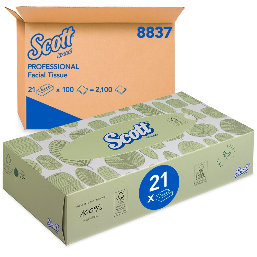 Mouchoirs en papier Scott® - 8837, blancs, 2 épaisseurs, 21 x 100 (2 100 mouchoirs) - 8837