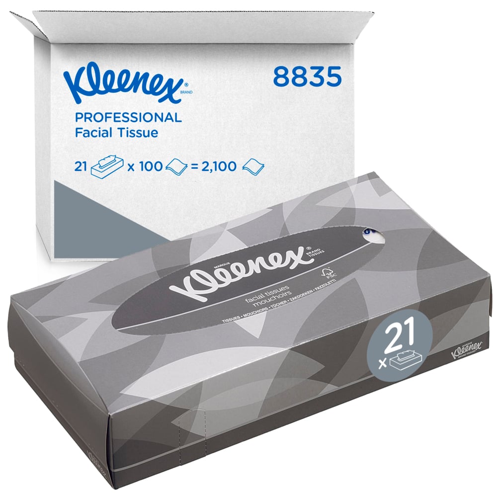 Boîtes de mouchoirs Kleenex® 8835 - 21 x paquets de 100 mouchoirs (2 100 au total);Mouchoirs Kleenex® 8835 - Boîte de mouchoirs 2 épaisseurs - 21 boîtes de mouchoirs plates x 100 mouchoirs blancs (2 100 au total) - 8835