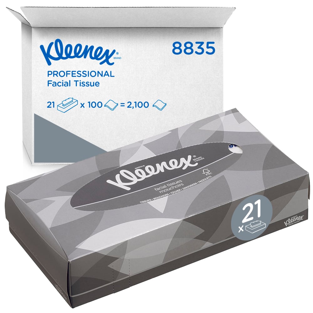 Kleenex® Facial Tissues 8835 - 2 Ply Boxed Tissues - 21 Flat Tissue Boxes x 100 White Facial Tissues (2,100 sheets) - 8835