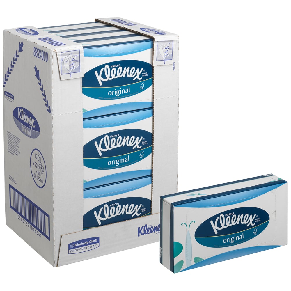 Kleenex® Facial Tissues 8824 - 3 Ply Boxed Tissues - 12 Flat Tissue Boxes x 72 White Facial Tissues (864 sheets) - 8824