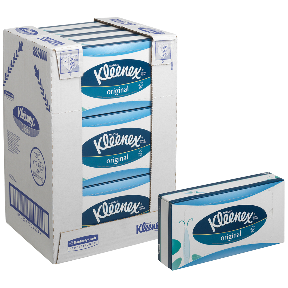 Kleenex® Kosmetiktücher 8824 – Box mit 3-lagigen Kosmetiktüchern – 12 flache Kosmetiktuchboxen x 72 weiße Kosmetiktücher (864 Tücher);Kleenex® Kosmetiktücher 8824 –  Kleenex Box - 12x72 (864 Papiertaschentücher) Weiß, 3-lagig - 8824