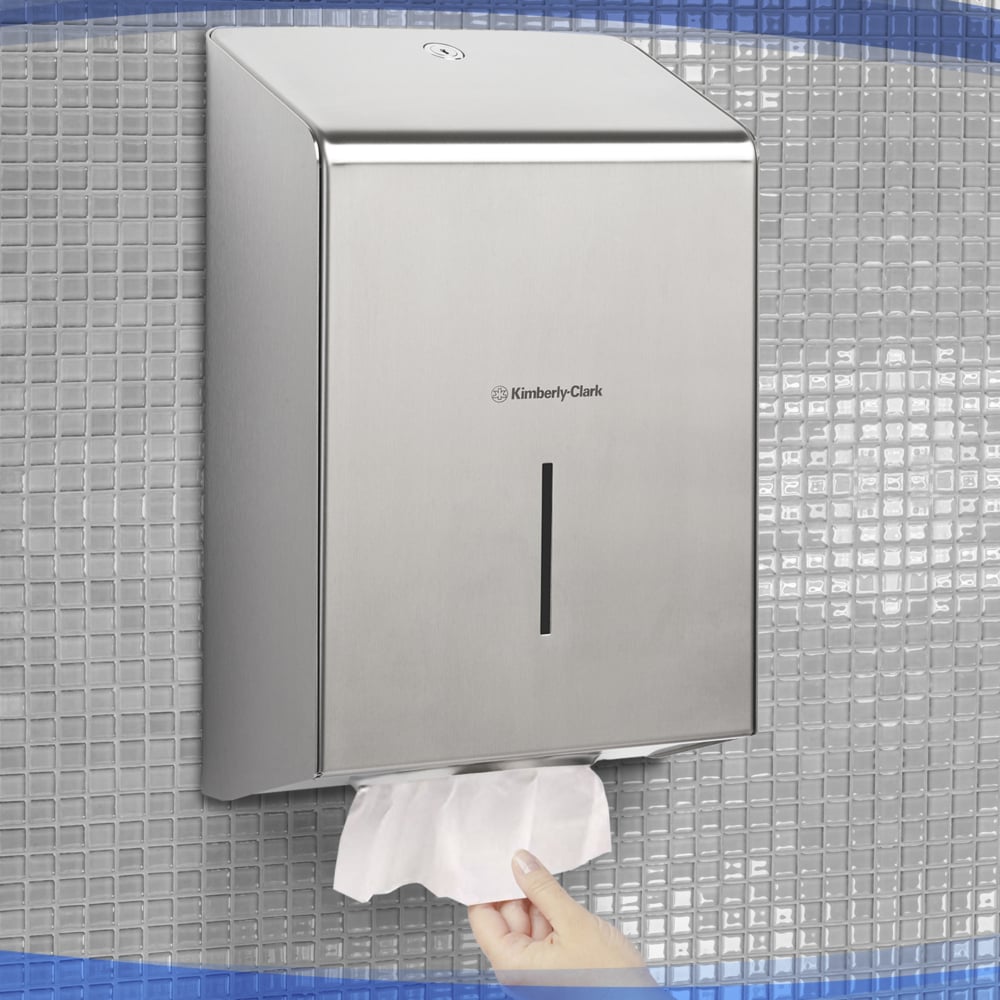 Kimberly-Clark Professional™ Dispenser di asciugamani piegati monouso 8971, Fissaggio a parete, dispensazione strappo a strappo, Design ed eleganza, Acciaio inossidabile - 8971