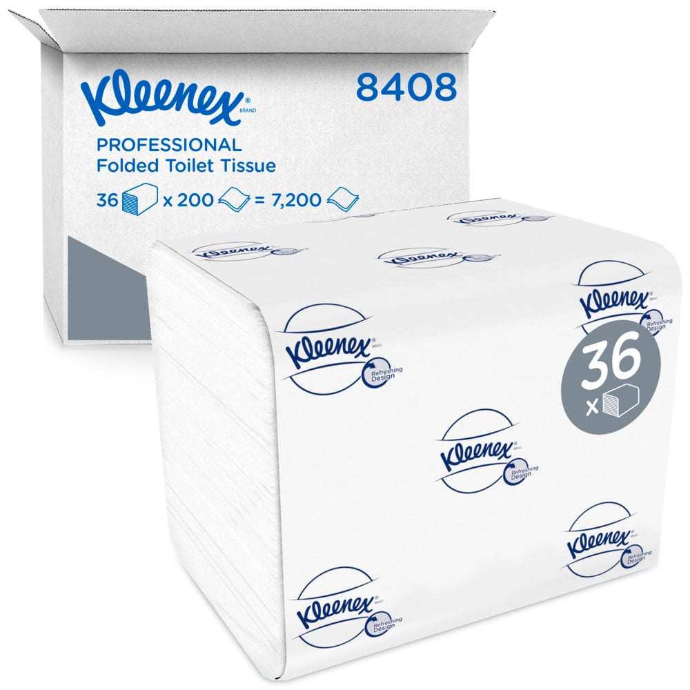 Kleenex® Einzelblatt-Toilettenpapier 8408 – 2-lagiges Toilettenpapier in Großpackungen – 36 Packungen x 200 Blatt (7.200 Blatt);Kleenex® Toilettenpapier Einzelblatt 8408, Wc-papier 36 Packungen x 200 Blatt 2-lagig