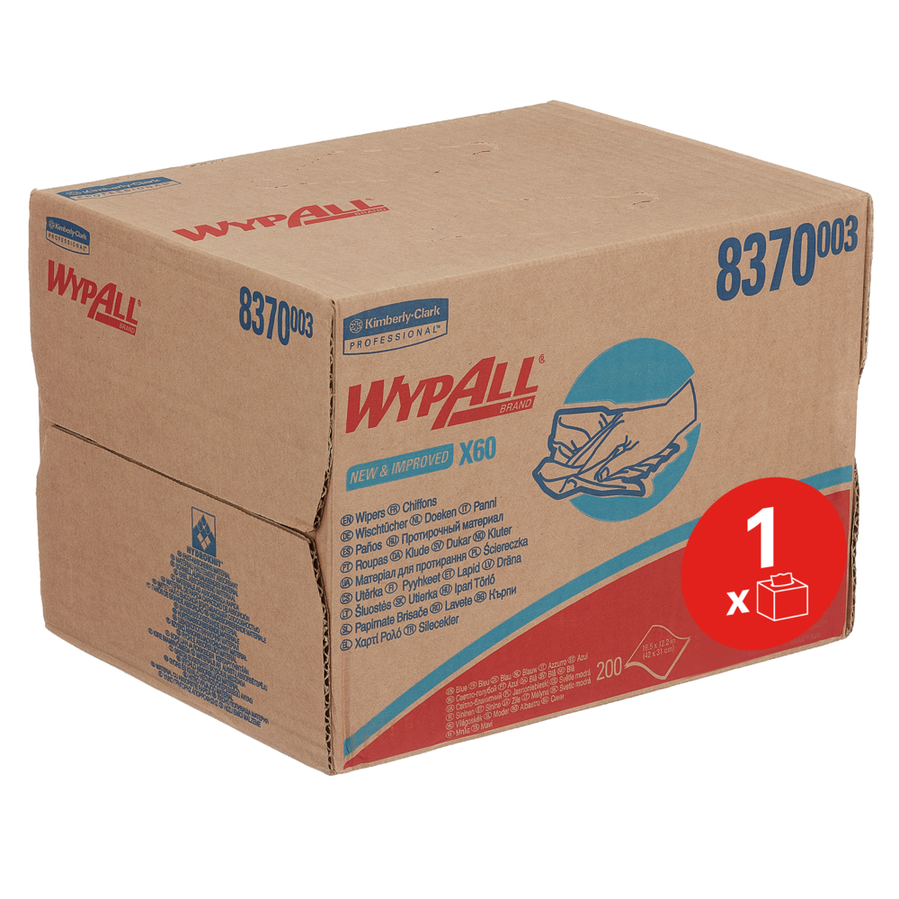WypAll® X60 Cloths 8370 - Blue Cleaning Cloths - 1 Pop-Up Box x 200 Wiping Cloths (200 total) - 8370