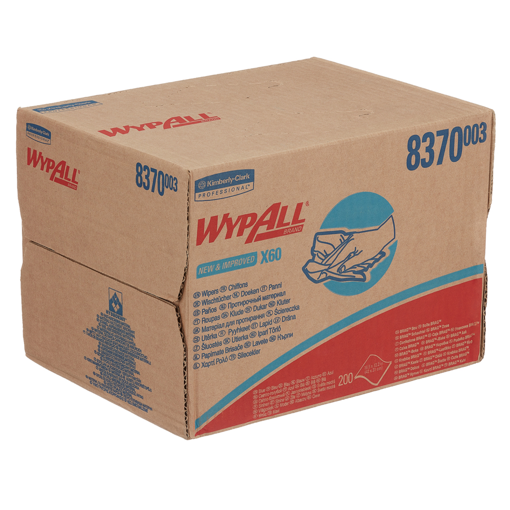 WypAll® X60 Cloths 8370 - Blue Cleaning Cloths - 1 Pop-Up Box x 200 Wiping Cloths (200 total) - 8370