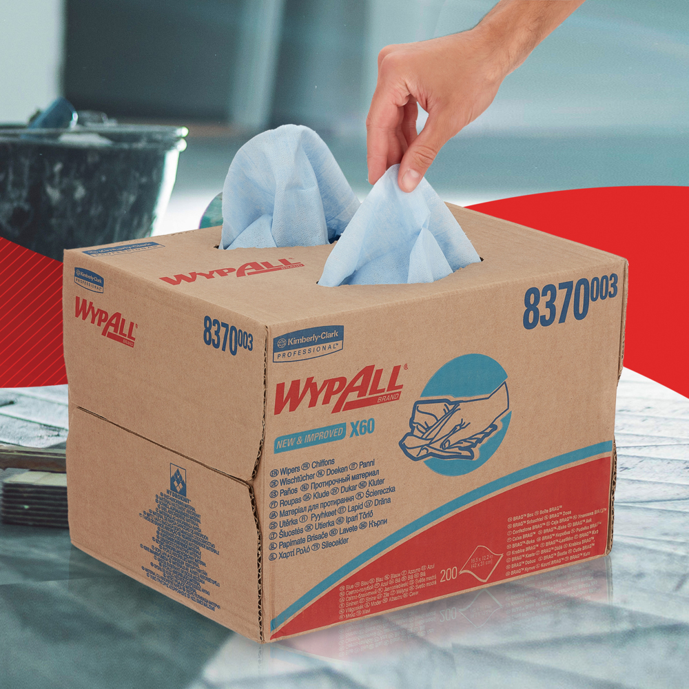 Chiffons WypAll® X60 8370 - Chiffons de nettoyage bleus - 1 boîte distributrice x 200 chiffons (200 au total) - 8370