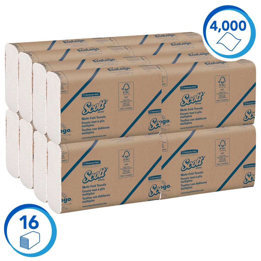 Essuie-mains multiplis Scott® 1804 - Serviettes en papier pliées en Z - 16 paquets x 250 essuie-mains en papier blancs (4 000 au total) - 1804