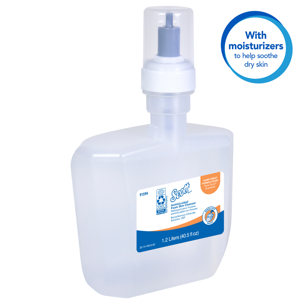 Scott® Control Antimicrobial Foam Skin Cleanser, 0.1% Benzalkonium Chloride (91594), Clear, Unscented Soap, 1.2 L, 2 Cassettes / Case - 91594