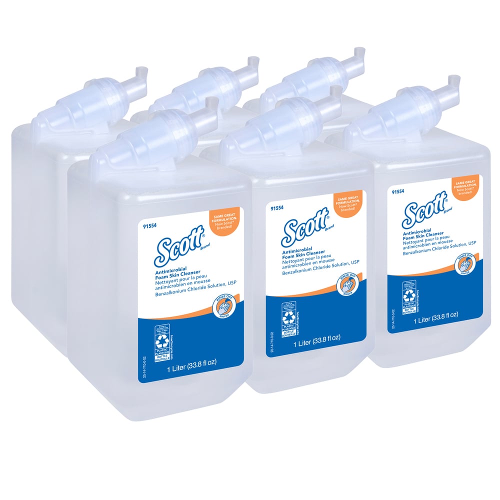 Mousse nettoyante antimicrobienne pour la peau Scott Control, 0,1 % de chlore de benzalkonium (91554), savon transparent, non parfumé, 1 L, 6 paquets/caisse - 91554