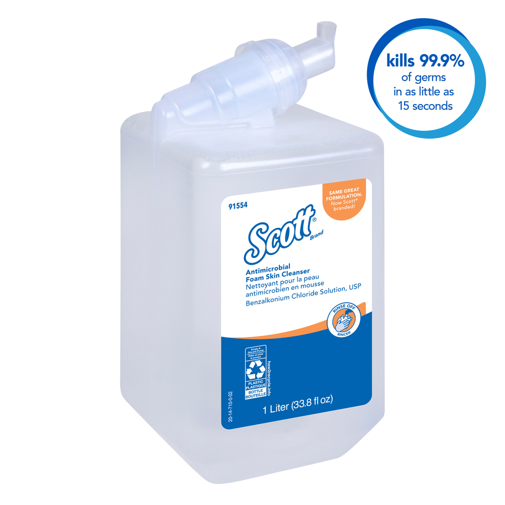 Scott® Antimicrobial Foam Skin Cleanser, 0.1% Benzalkonium Chloride (91554), Clear, Unscented Soap, 1.0 L, 6 Packages / Case - 91554