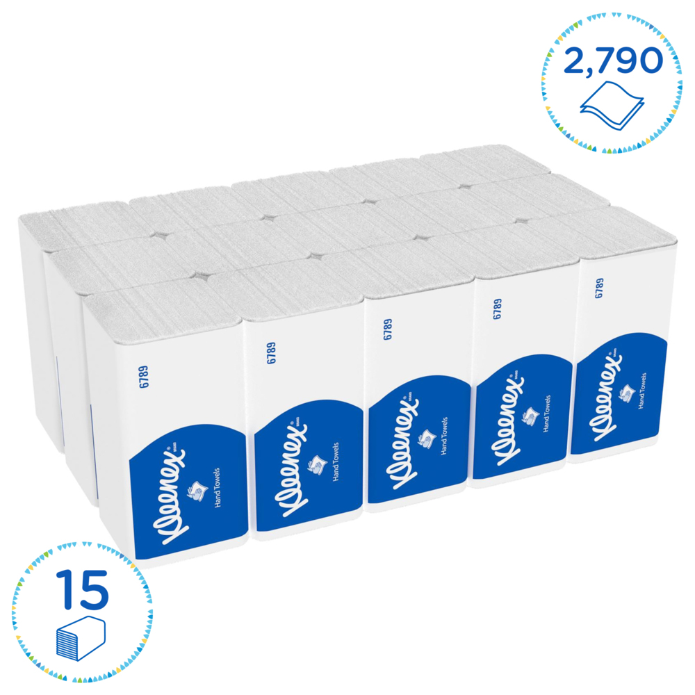 Essuie-mains enchevêtrés Kleenex® 6789 - Essuie-mains 2 épaisseurs pliés en V - 15 paquets x 186 essuie-mains en papier (2 790 au total) - 6789