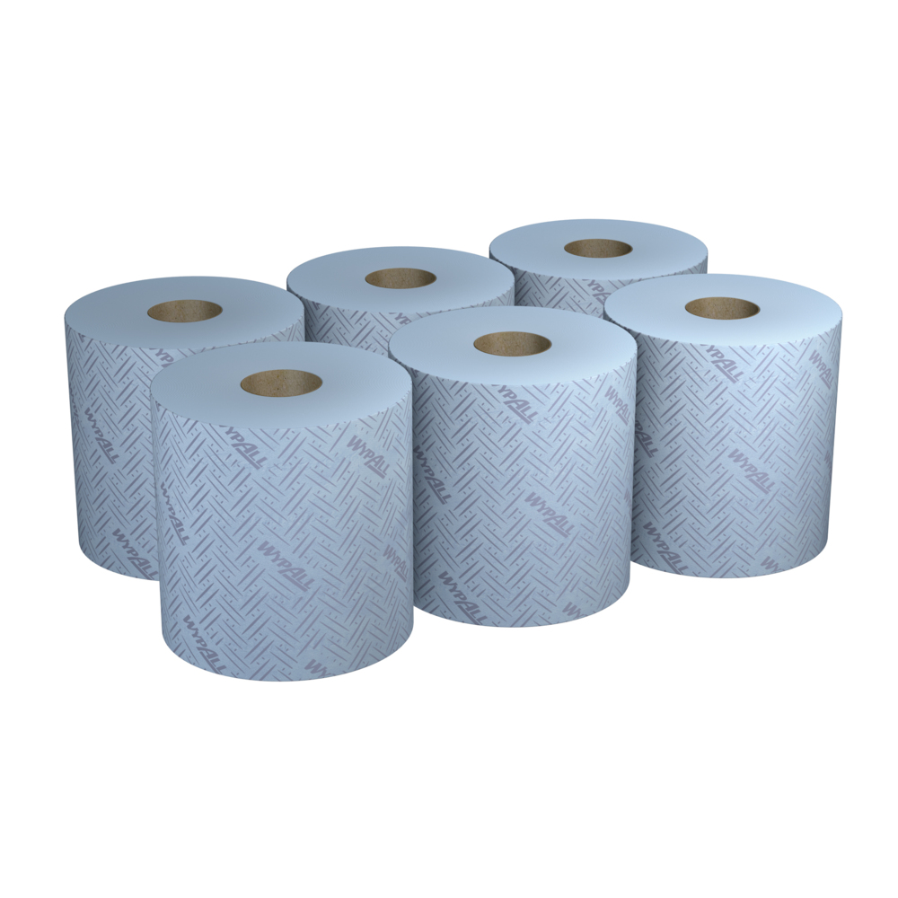WypAll® L20 Cleaning and Maintenance Blue Wiping Paper 7277 - 2 Ply Centrefeed Rolls - 6 Blue Rolls x 400 Paper Wipers (2,400 Total) - 7277
