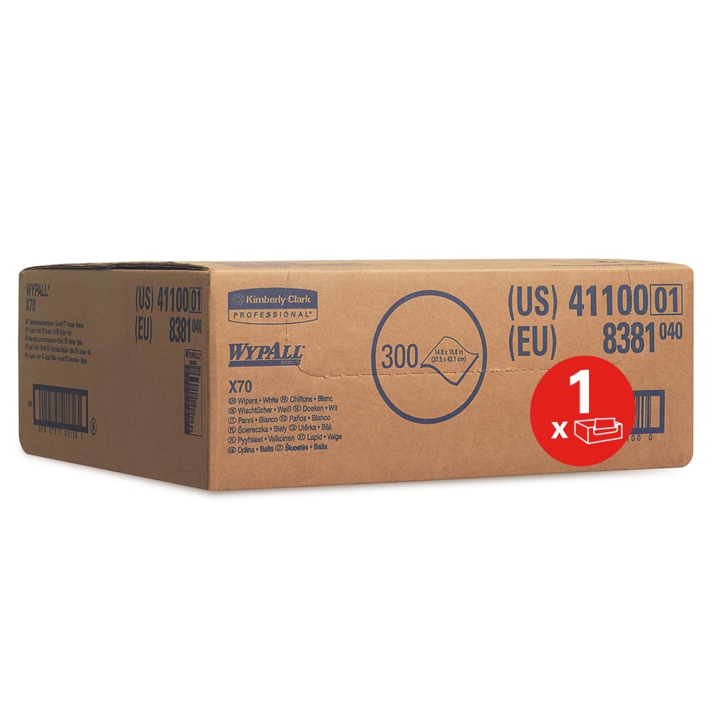 WypAll® X70 Tücher 8381 – 1 Spenderbox (Entnahme rechts) mit 300 weißen, 1-lagigen Tüchern - 8381