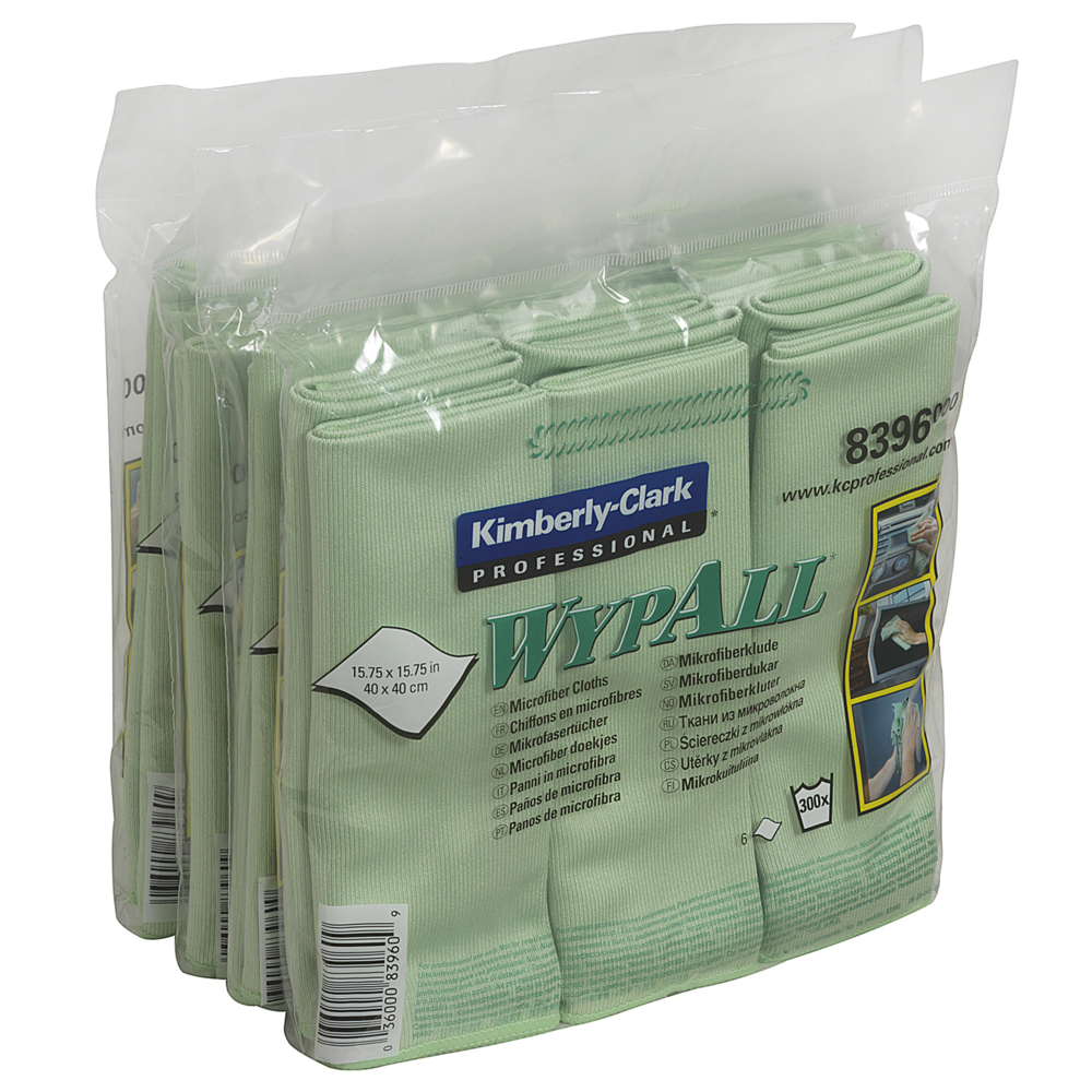 WypAll® Microfibre Cloths 8396 - 4 carry packs x 6 green, 40 x 40cm cloths, green (24 total) - 8396