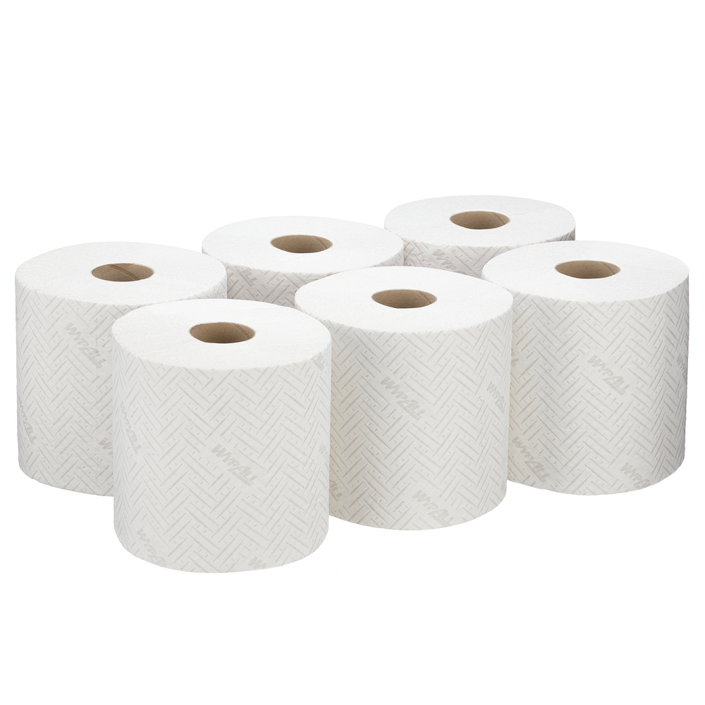 WypAll® L20 Papieren schoonmaak doekjes voor schoonmaak en onderhoud 7278 - 2-laagse centerfeed rollen - 6 rollen x 400 witte papieren wegwerp poetsdoeken (2400 in totaal) - 7278