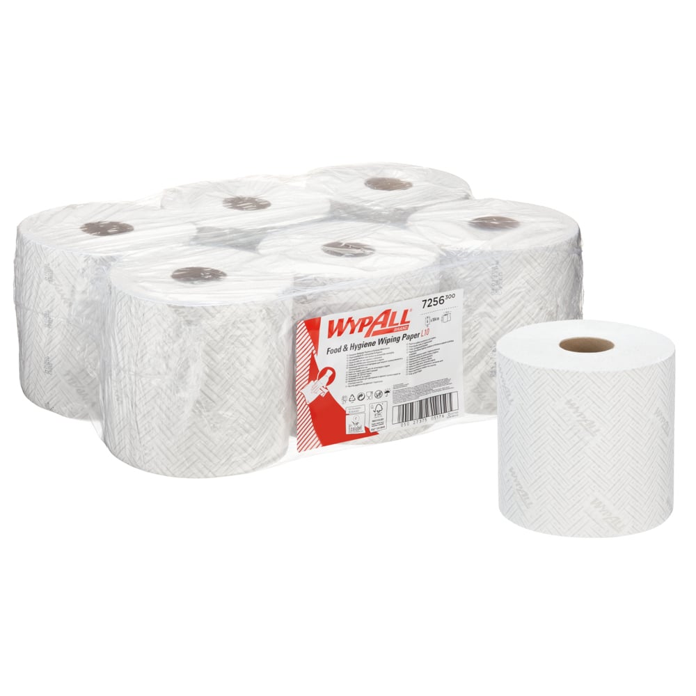 WypAll® L10 Food & Hygiene Wiping Paper 7256 - 1 Ply White Cleaning Wipes - 6 Centrefeed Rolls x 800 Paper Wipes (4,800 total) - 7256