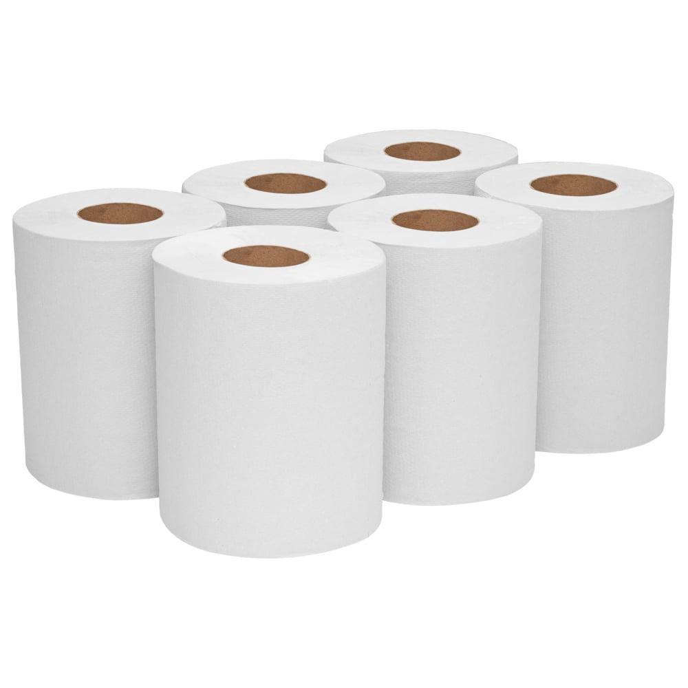 WypAll® L10 Papier-Reinigungstücher für Service u. Einzelhandel 7404 – 1-lagige Rolle mit Zentralentnahme – 6 Rollen mit Zentralentnahme x 390 weiße Papier-Wischtücher (insges. 2.340) - 7404