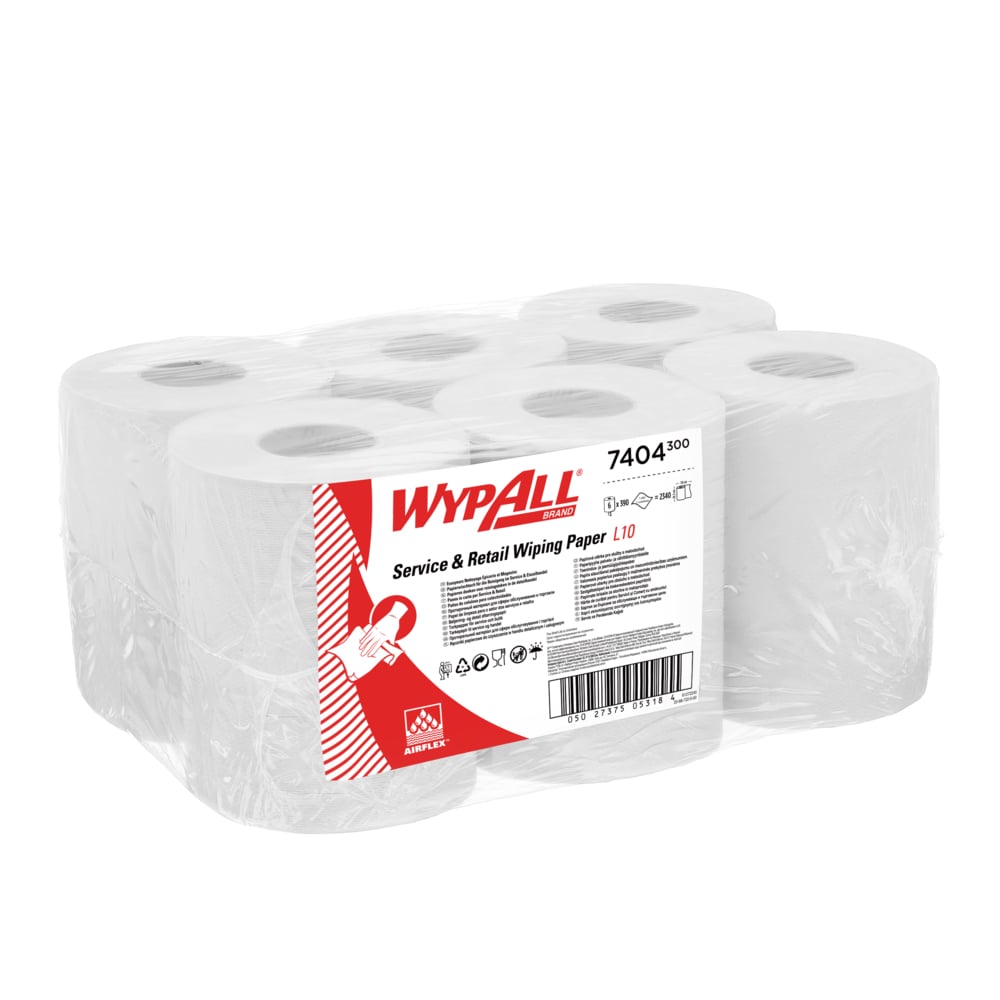 WypAll® L10 Service & Retail Wiping Paper 7404 - 1 Ply Centrefeed Roll - 6 Centrefeed Rolls x 390 White Paper Wipes (2,340 total) - 7404