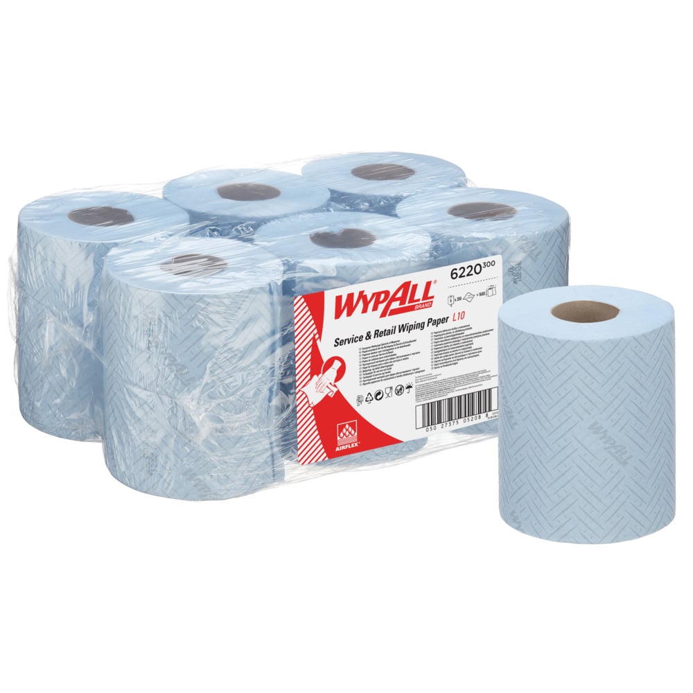 WypAll® L10 Service & Retail Wiping Paper 6220 - 1 Ply Centrefeed Blue Roll - 6 Centrefeed Rolls x 280 Paper Wipes (1,680 total) - 6220