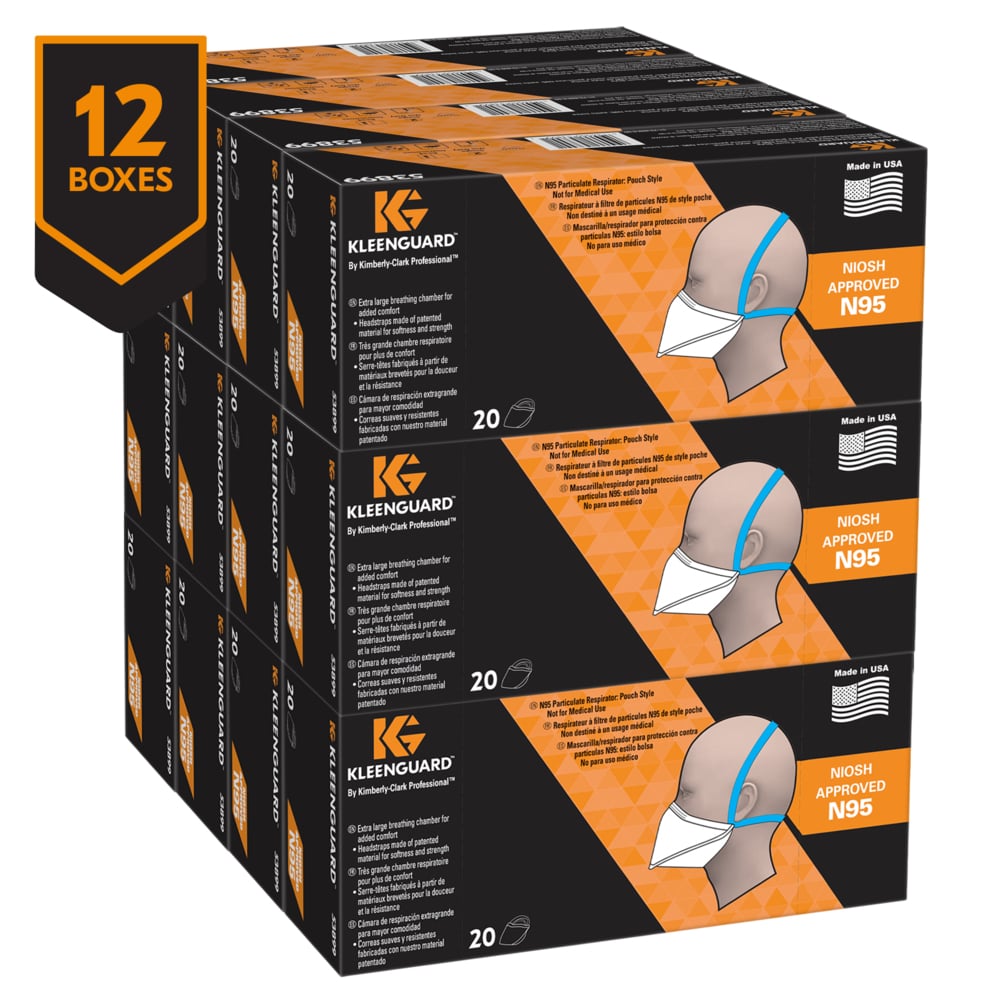 KleenGuard™ N95 Particulate Respirator: Pouch Style (53899), NIOSH-Approved, Made in USA, Regular Size, 20 Respirators/Carton, 12 Cartons/Case, 240 Respirators/Case - 53899