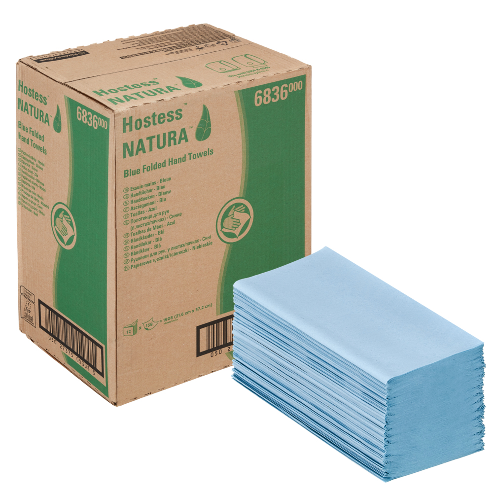 Hostess™ NATURA™ Folded Blue Paper Towels 6836 - Interfold Disposable Hand Towels - 12 Packs x 159 Paper Hand Towels (1,908 Total) - 6836