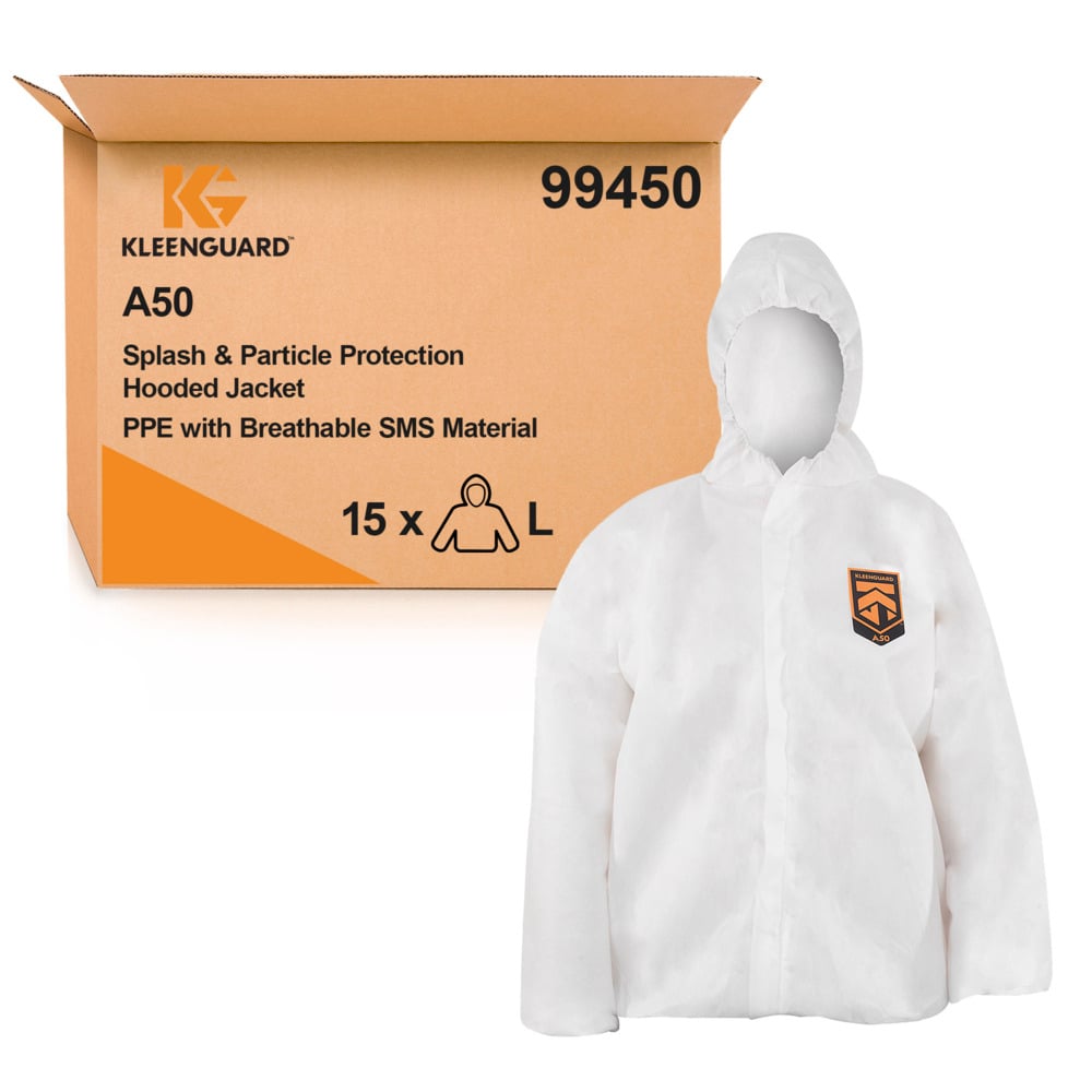 KleenGuard® A50 Breathable Splash & Particle Protection Hooded Jacket 99450 - White, L, 1x15 (15 total)