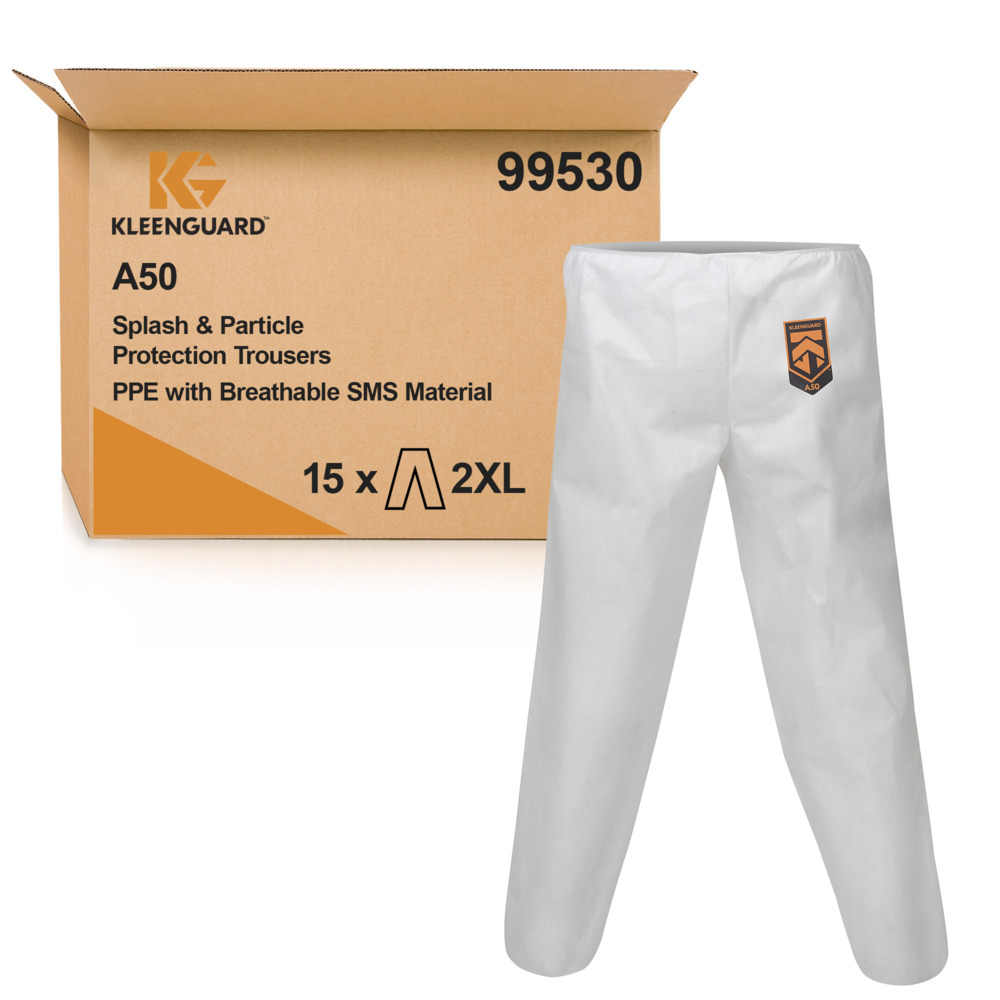 KleenGuard® A50 Breathable Splash & Particle Protection Trousers 99530 - White, 2XL, 1x15 (15 total) - 99530
