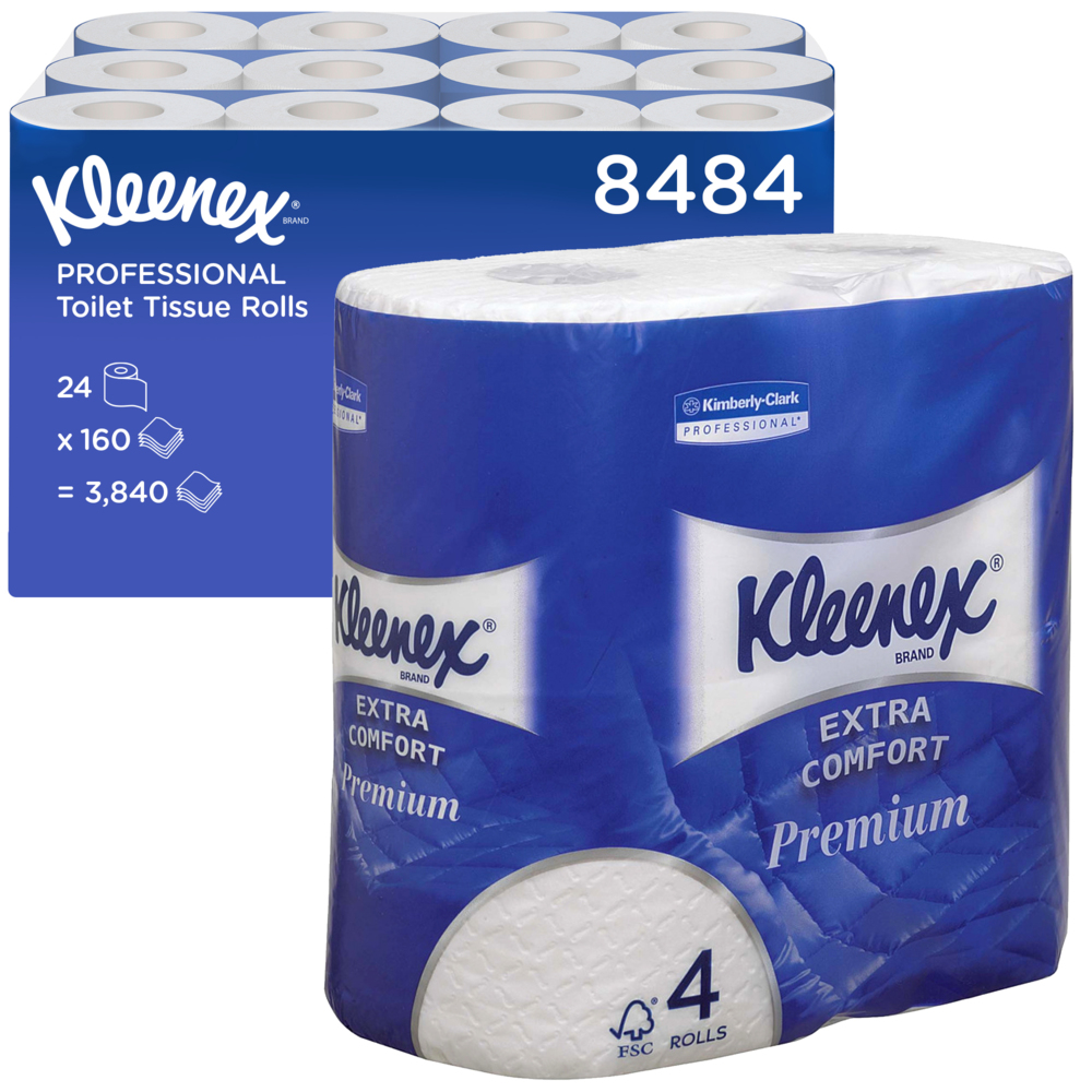 Rouleau de papier toilette taille standard Kleenex® 8484 - Papier toilette 4 épaisseurs - 24 rouleaux x 160 feuilles de papier toilette blanc (3 840 feuilles) - 8484