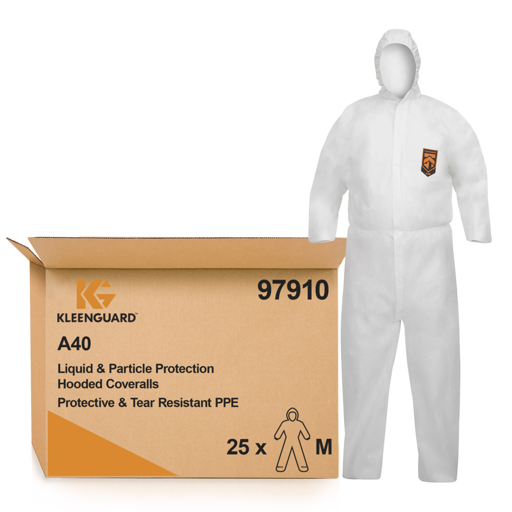 KleenGuard® A40 overalls met capuchon voor bescherming tegen waterspatten of chemische spatten 97910 - PBM - 25 x witte overalls voor eenmalig gebruik in maat M - 97910