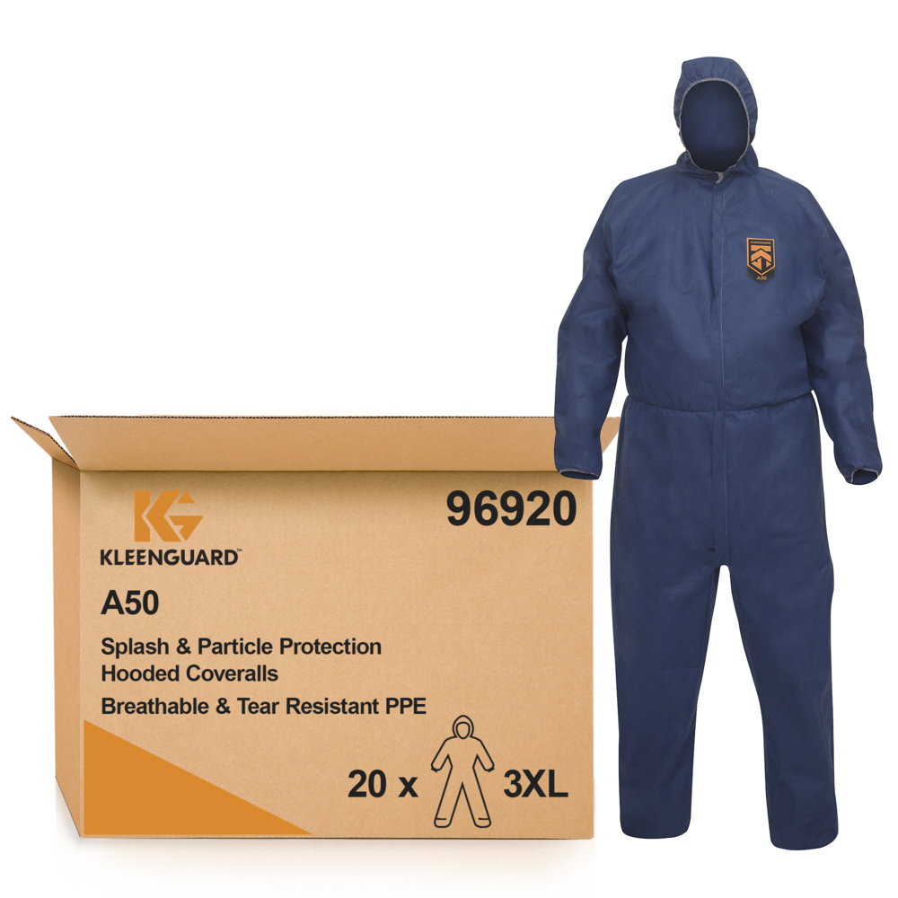 KleenGuard® A50 atmungsaktiver, spritzdichter und partikeldichter Schutzanzug mit Haube 96920 – blau, 3XL, 1x20 (insgesamt 20 Stück) - 96920