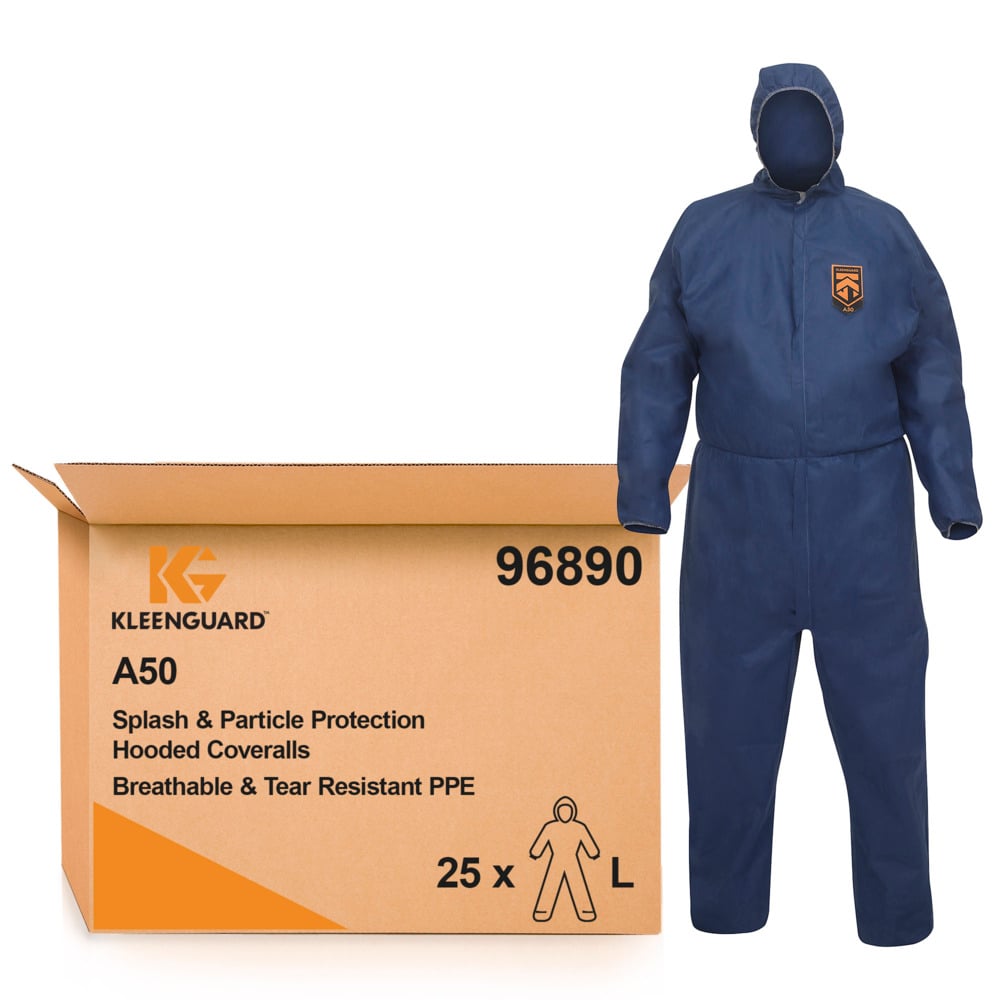 KleenGuard® A50 atmungsaktiver, spritzdichter und partikeldichter Schutzanzug mit Haube 96890 – blau, L, 1x25 (insgesamt 25 Stück) - 96890