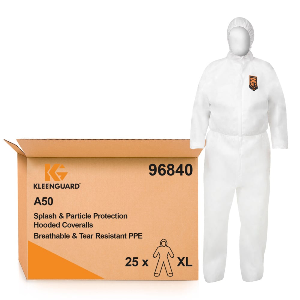 KleenGuard® A50 atmungsaktiver, spritzdichter und partikeldichter Schutzanzug mit Haube 96840 – weiß, XL, 1x25 (insgesamt 25 Stück) - 96840