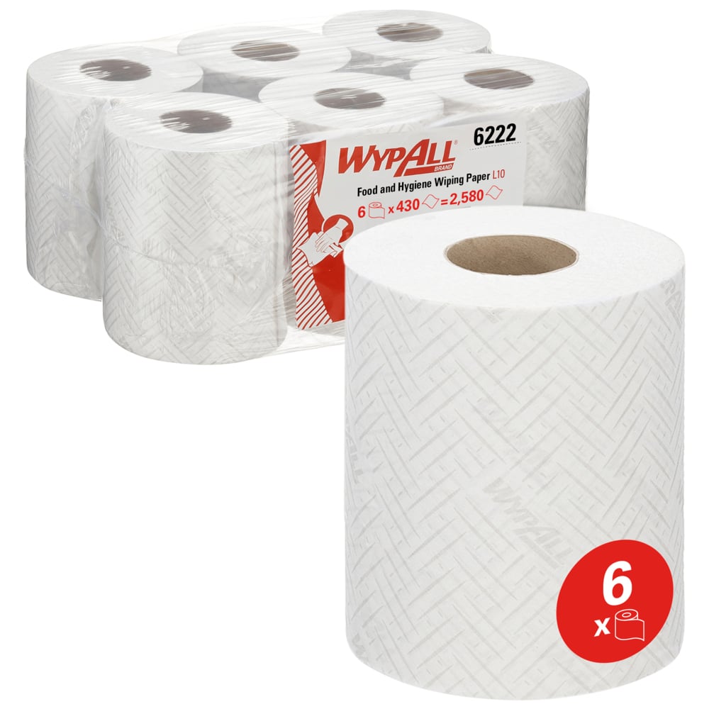 WypAll® L10 Food & Hygiene Wiping Paper 6222 - 1 Ply Dry Cleaning Wipes - 6 White Centrefeed Rolls x 430 Paper Wipes (2,580 total) - 6222