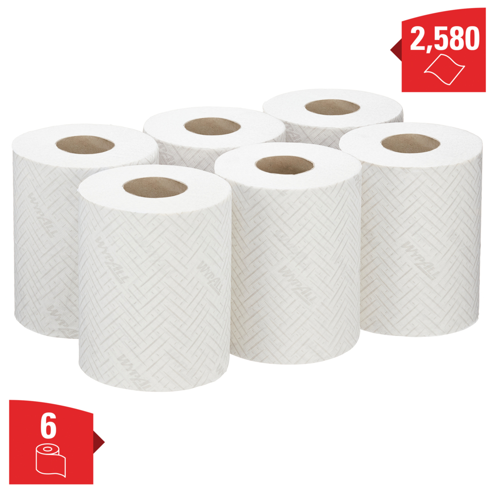 WypAll® L10 poetsdoeken voor horeca en persoonlijke verzorging 6222 - 1-laagse droge reinigingsdoeken - 6 witte centerfeedrollen x 430 papieren doeken (2580 in totaal) - 6222