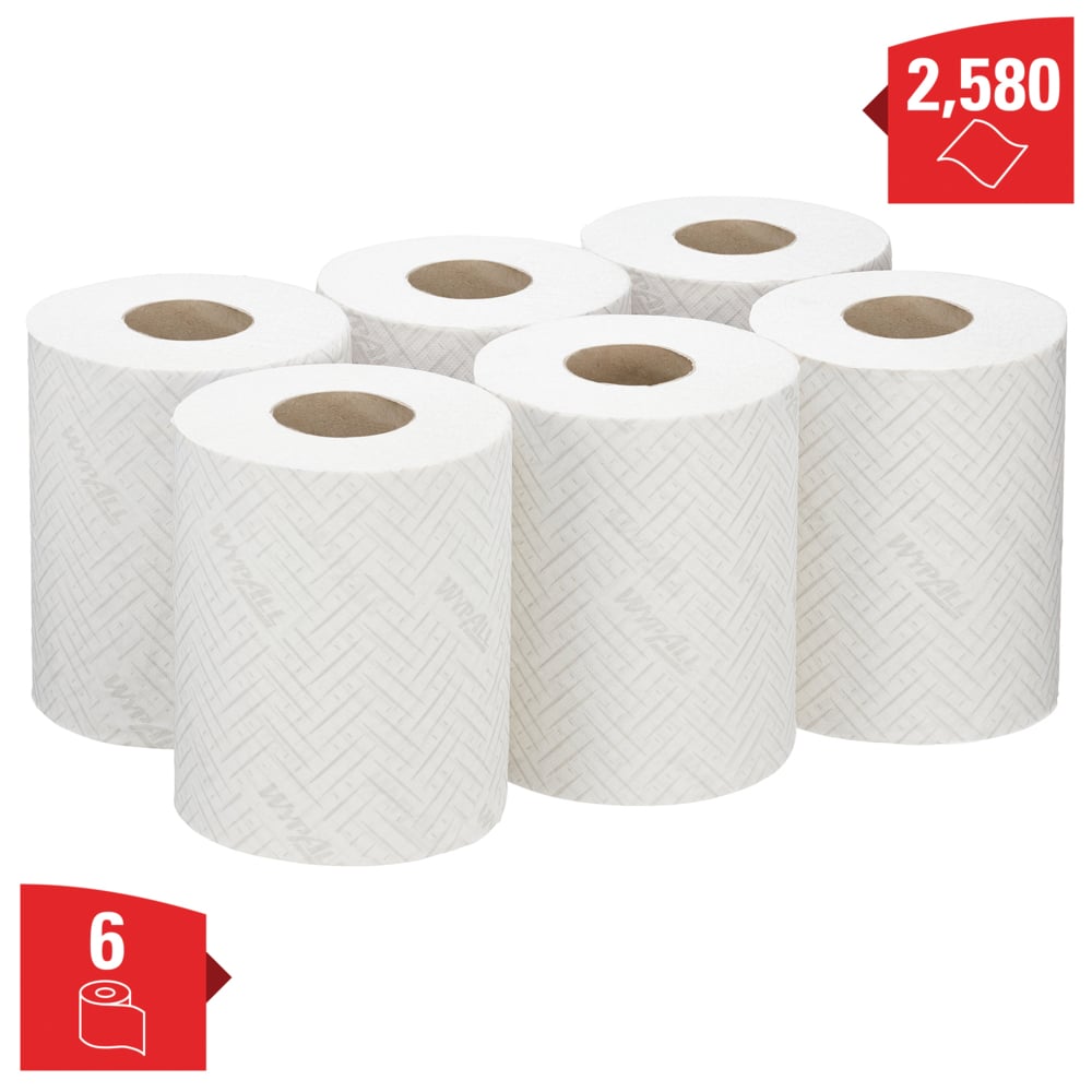 Essuyeur WypAll® L10 Hygiène & Surfaces Alimentaires 6222 - Essuyeur de nettoyage à sec 1 épaisseur - 6 rouleaux blancs à dévidage central x 430 essuyeurs en papier (2 580 au total) - 6222