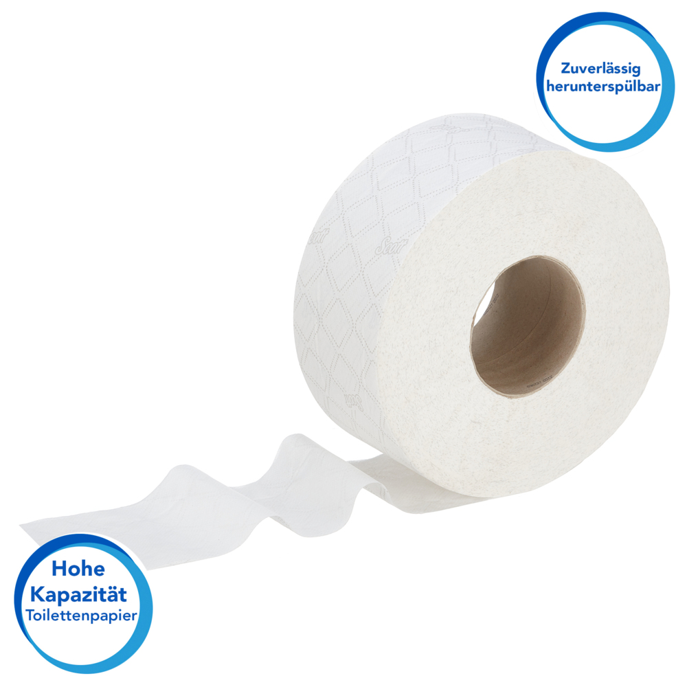 Rouleau de papier toilette Jumbo Scott® Essential™ 8614 - Papier toilette 2 épaisseurs - 12 rouleaux de 500 feuilles blanches de papier toilette (2 400 m) - 8614