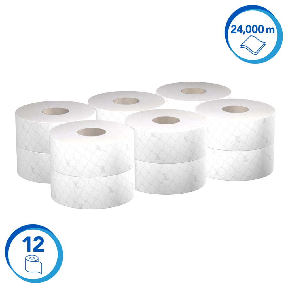 Rouleau de papier toilette Jumbo Scott® Essential™ 8614 - Papier toilette 2 épaisseurs - 12 rouleaux de 500 feuilles blanches de papier toilette (2 400 m) - 8614