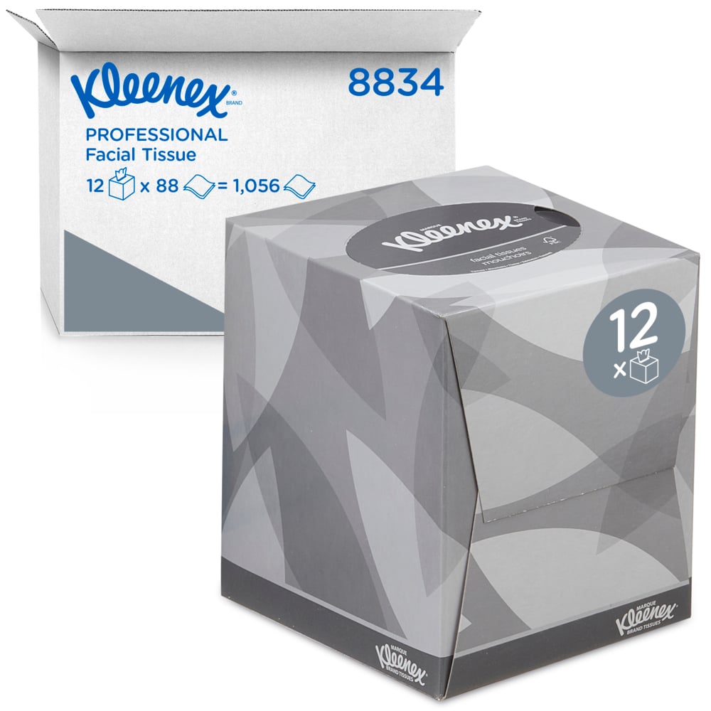 Kleenex® Facial Tissue Cube 8834 - 2 Ply Boxed Tissues - 12 Tissue Boxes x 88 White Facial Tissues (1,056 sheets) - 8834