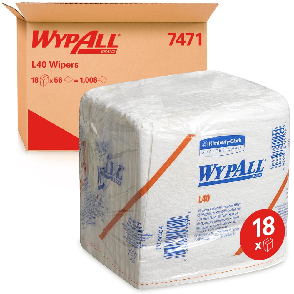 WypAll® L40 Wischtücher 7471 – 18 Packungen mit je 56 gefalteten, weißen, 1-lagigen Tüchern - 7471